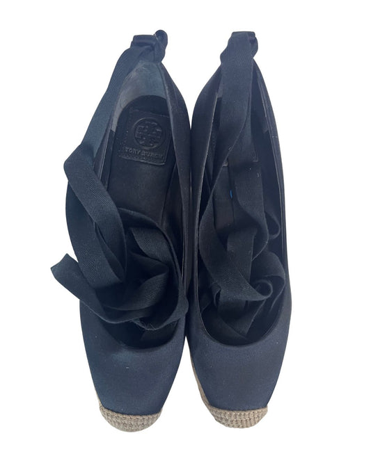 TORY BURCH Black Satin Espadrille Wedges (Size 7.5)