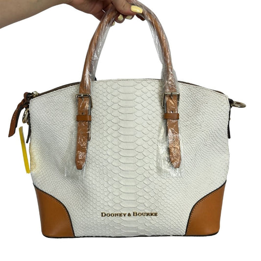 Dooney & Bourke White Reptile Print Satchel – Tan Handles & Crossbody Strap