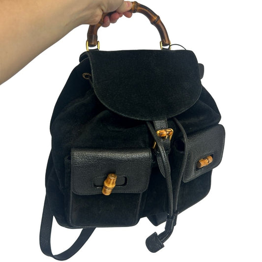 Gucci Vintage Black Suede & Leather Bamboo Backpack – Goldtone Hardware (Authenticated)