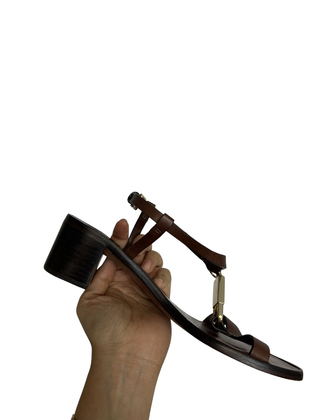 TORY BURCH Almond Leather Padlock Block Brown Heel Sandals (Size 6)