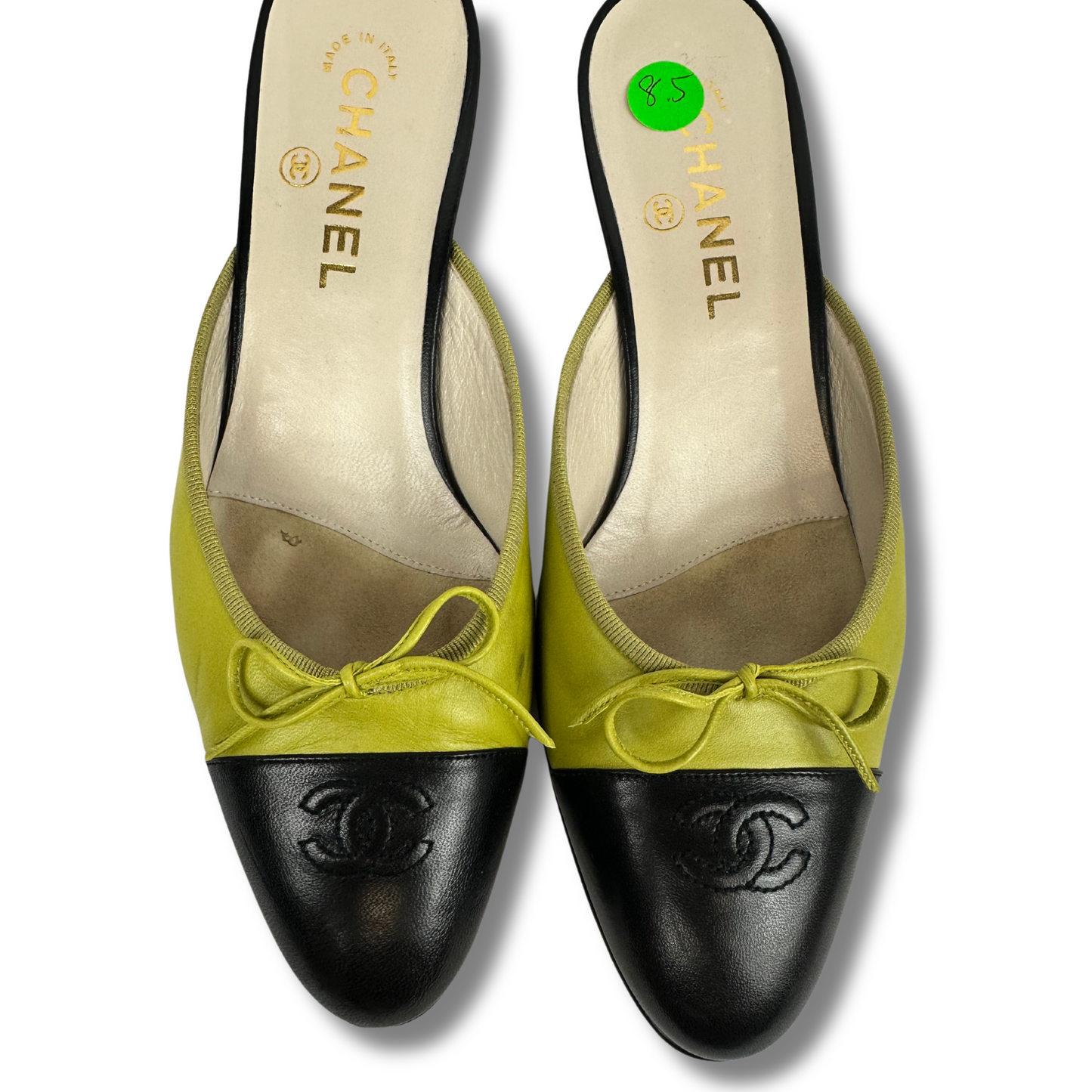 CHANEL Green/Black Leather Mules Classic Bow CC Logo Heels