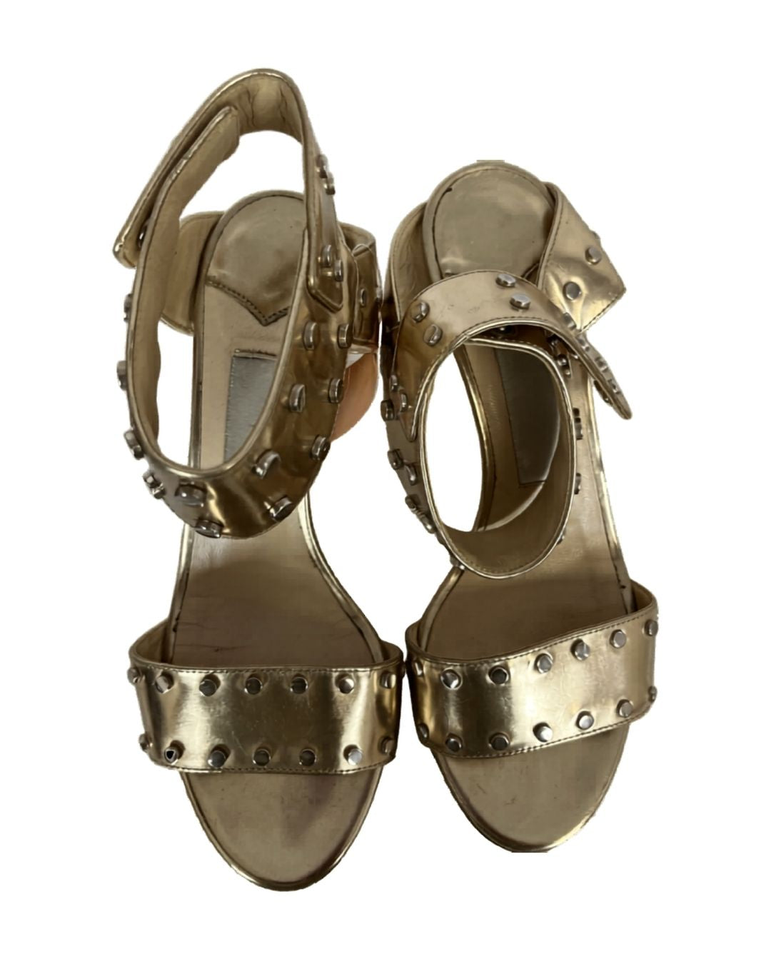 JIMMY CHOO Gold Leather Studded Ankle Strap Sandal Heels (Size 36.5)