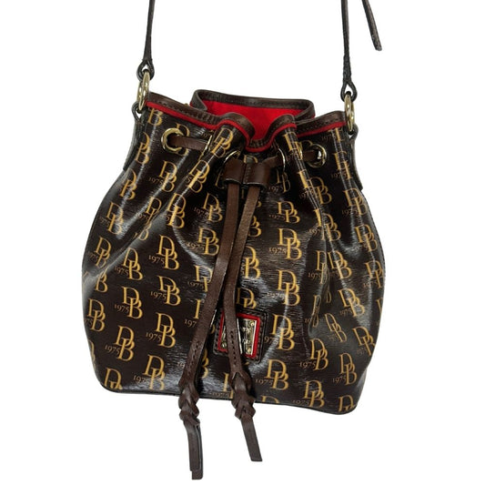 Dooney & Bourke Gold Logo Leather Drawstring Bag – Brown Plaid