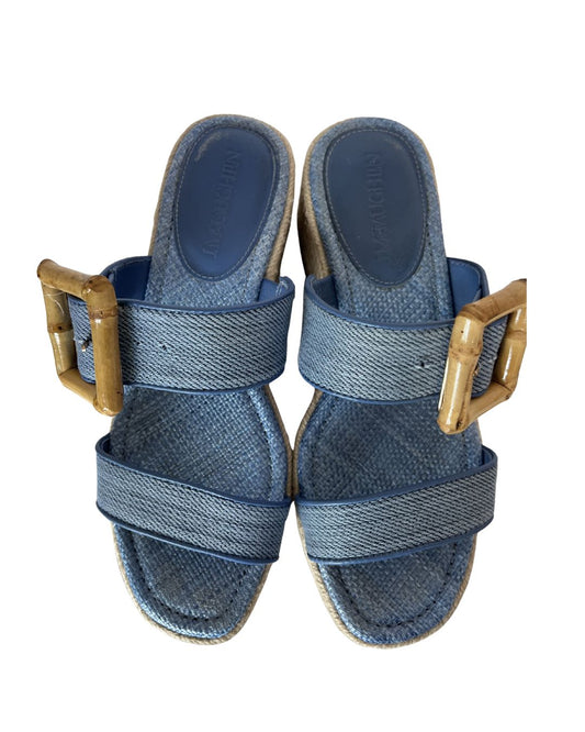 J. McLAUGHLIN Fleur Blue Denim Wedge Sandals (Size 6.5)