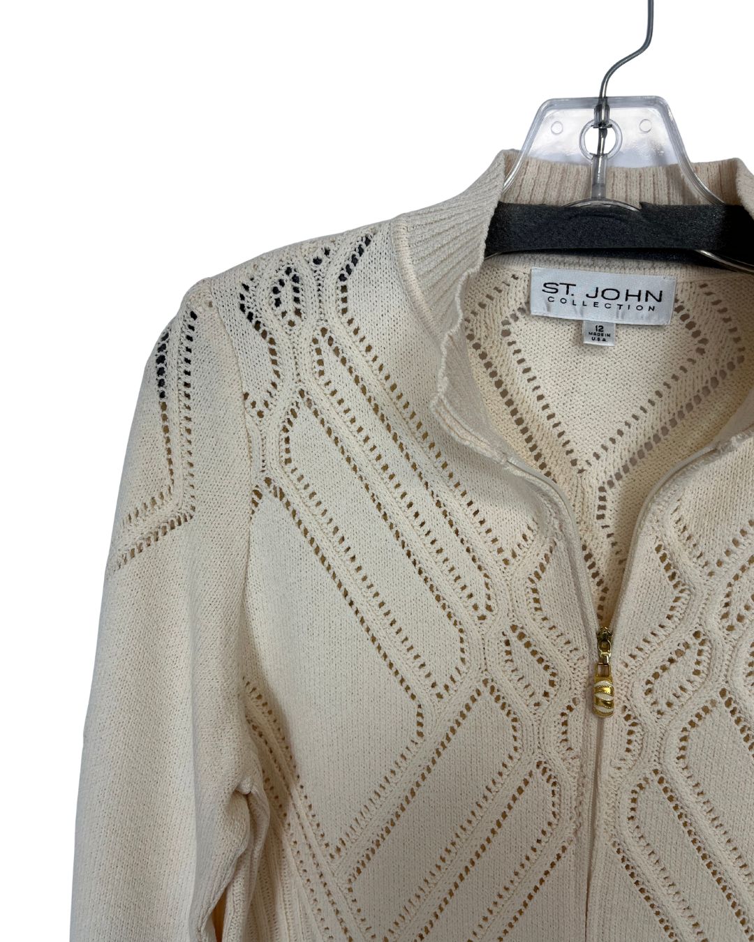 ST JOHN Santana Ivory Knit Full-Zip Cardigan Sweater (Size 12)