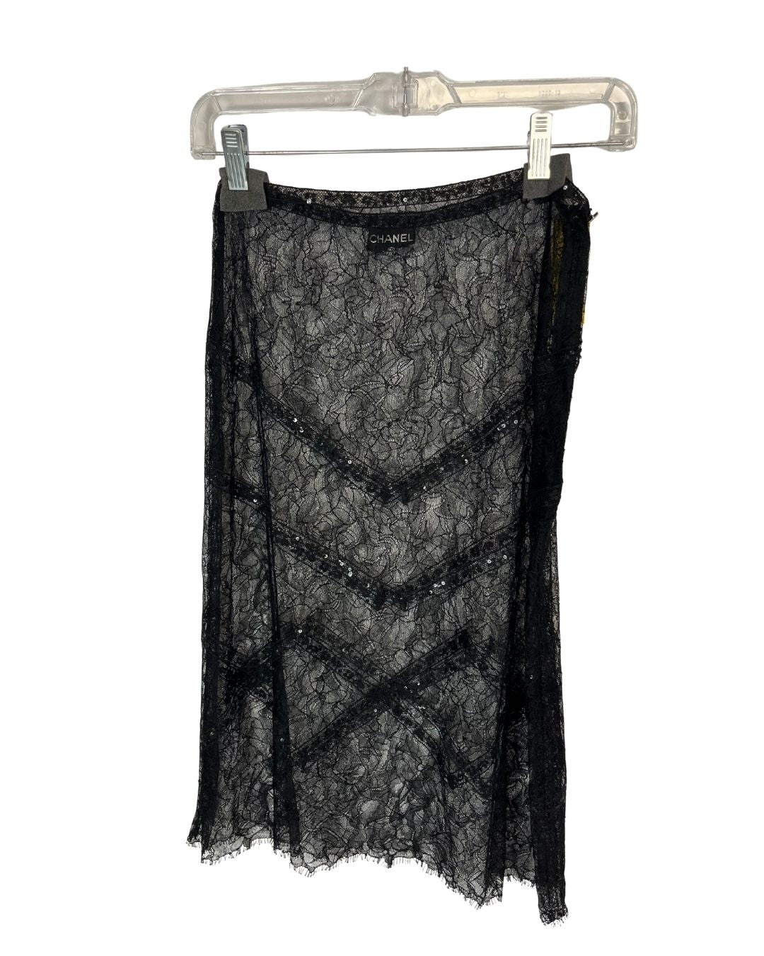 CHANEL Black Lace and Sequin Midi Skirt (Size XS)