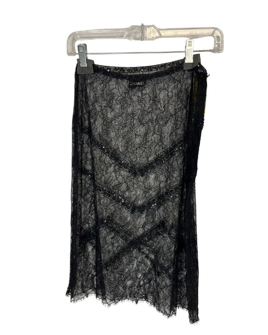 CHANEL Black Lace and Sequin Midi Skirt (Size XS)