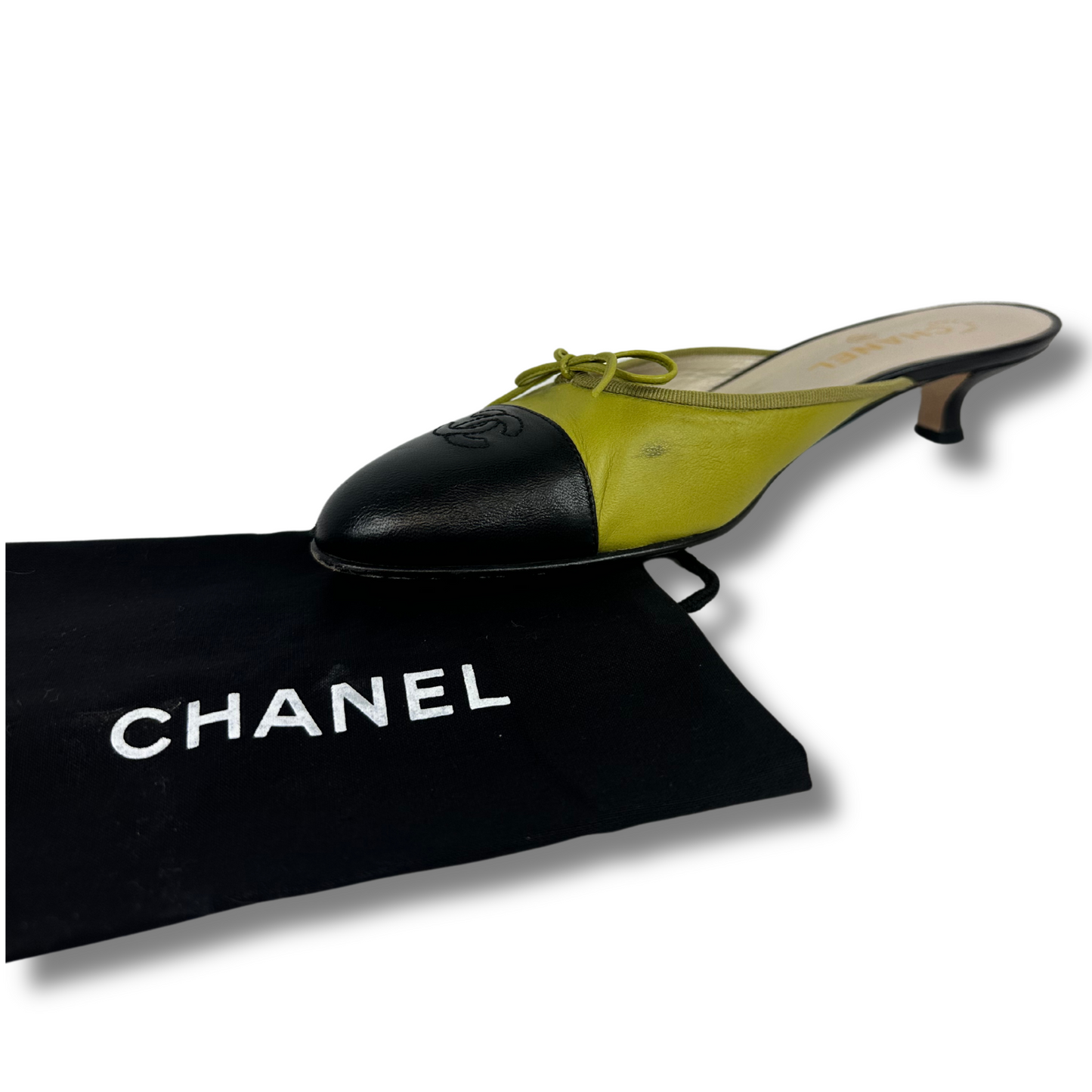CHANEL Green/Black Leather Mules Classic Bow CC Logo Heels