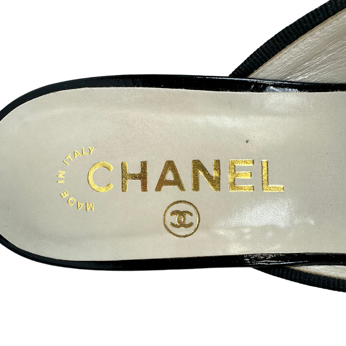 CHANEL Black Patent Leather Mules Classic Bow CC Logo Heels