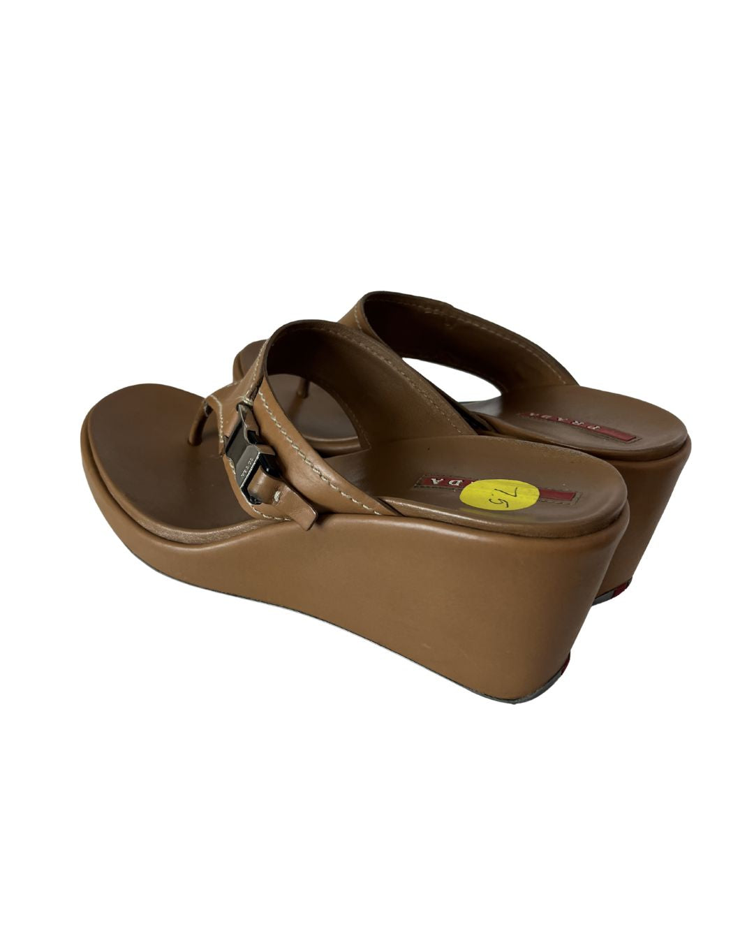 PRADA Camel Brown Leather Thong Wedge Sandals (Size 7.5)
