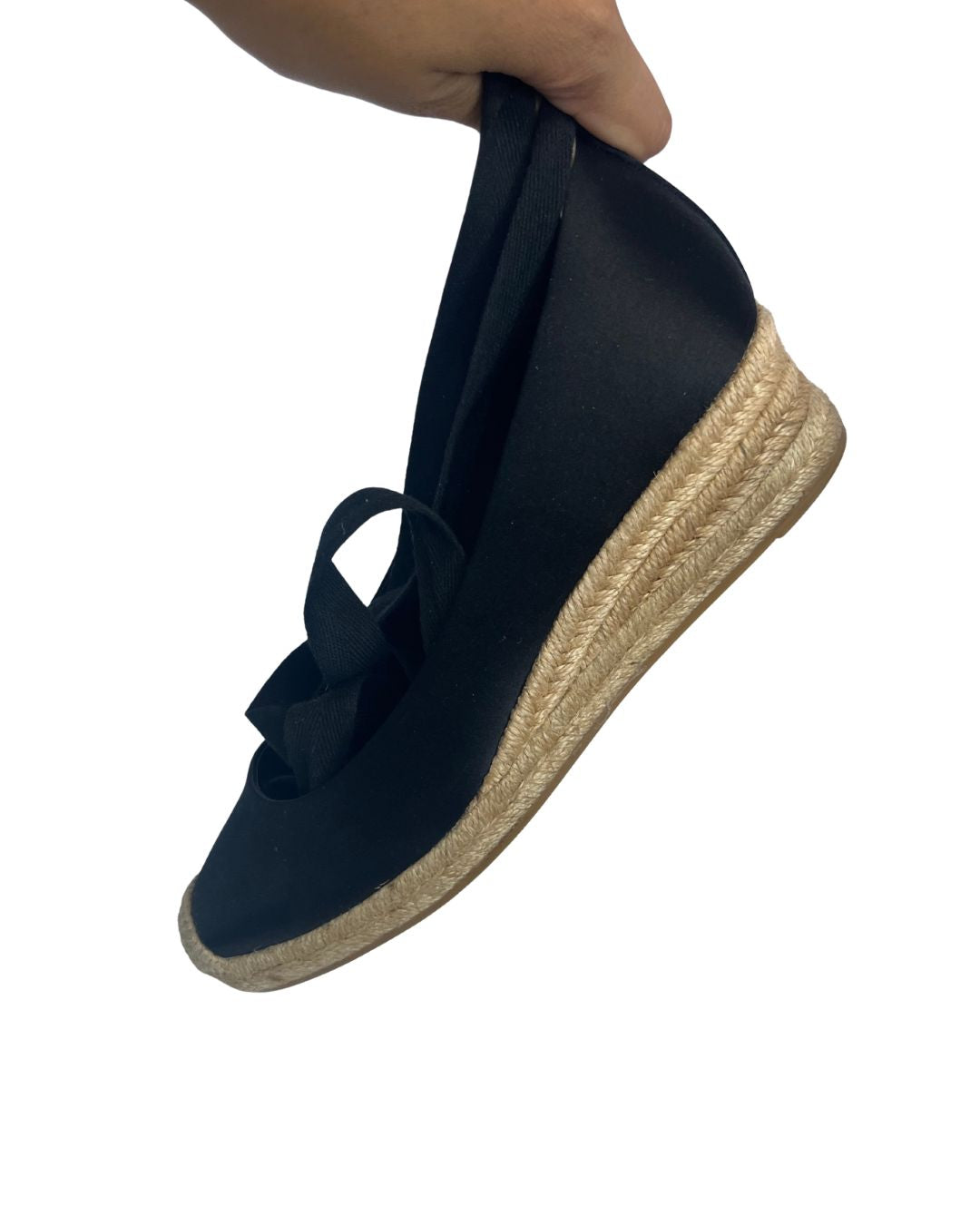 TORY BURCH Black Satin Espadrille Wedges (Size 7.5)