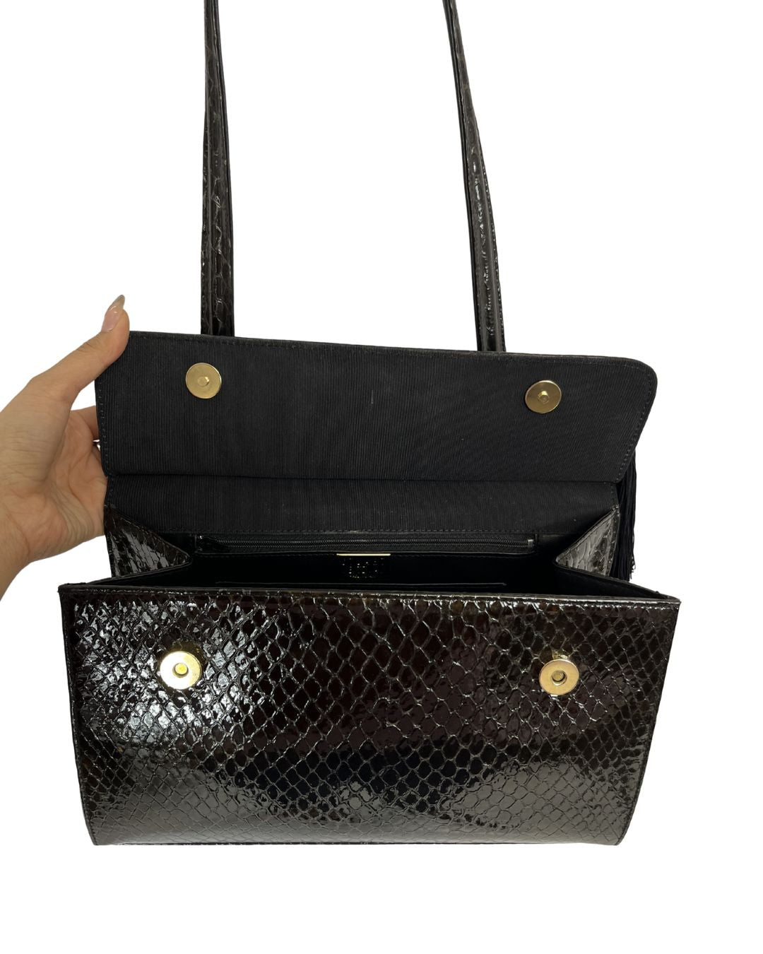 STUART WEITZMAN Vintage Black Patent Leather Flap Shoulder Bag