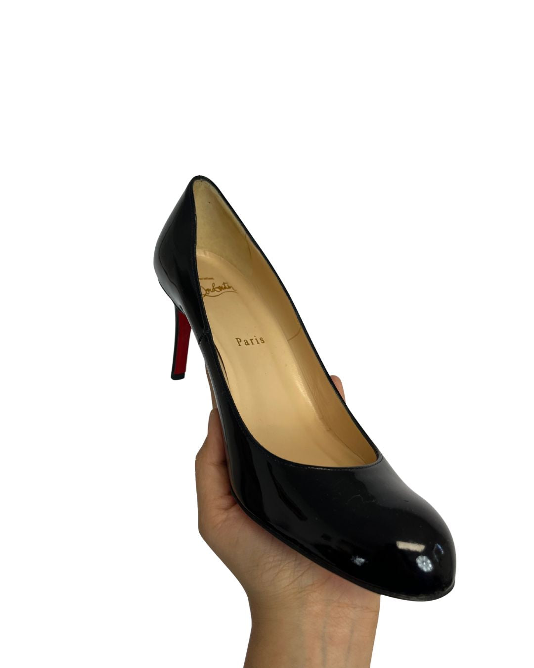 CHRISTIAN LOUBOUTIN Simple Black Patent Leather Red Sole Pumps (Size 9)