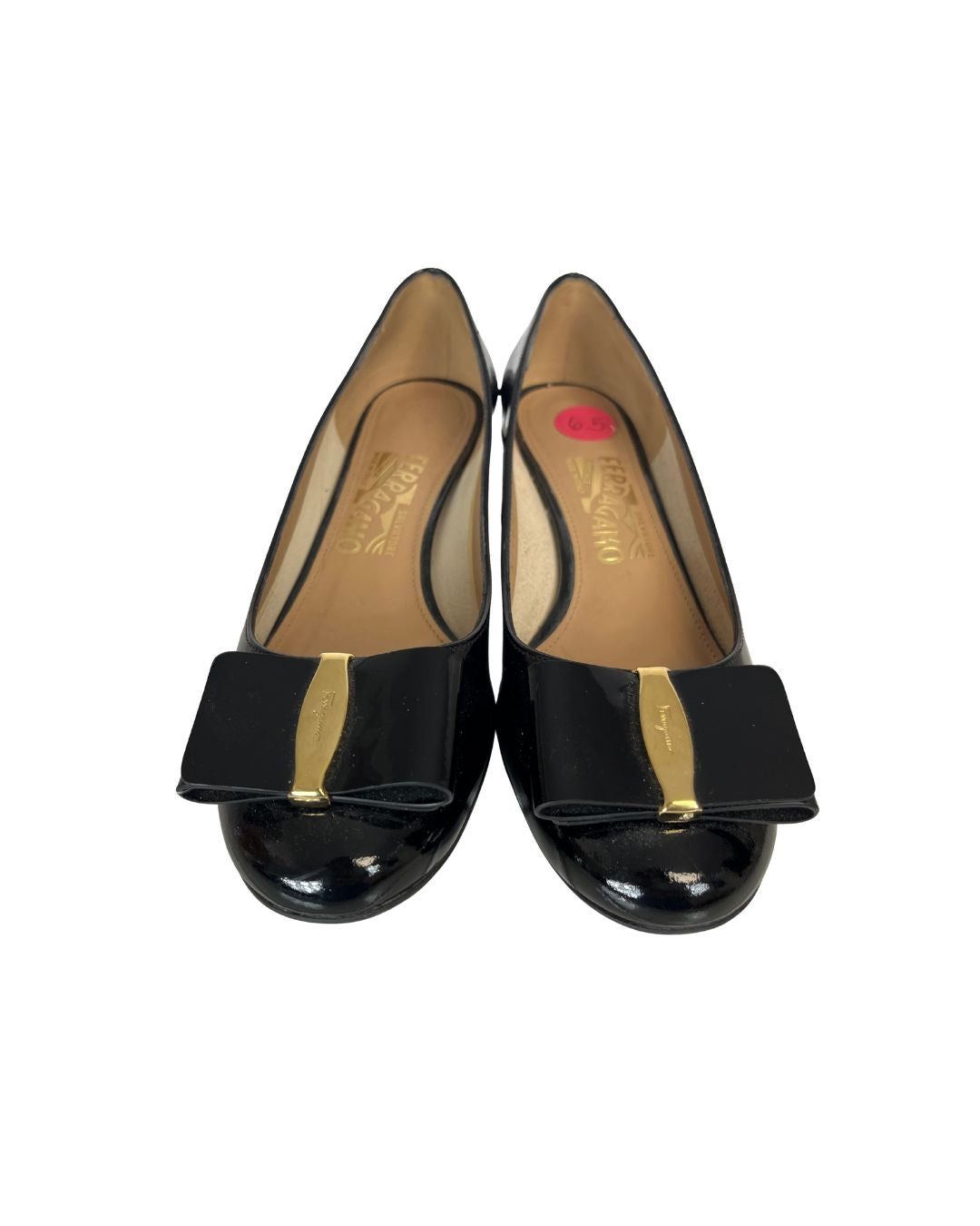 FERRAGAMO Black Leather Vara Bow Pumps (Size 6.5)