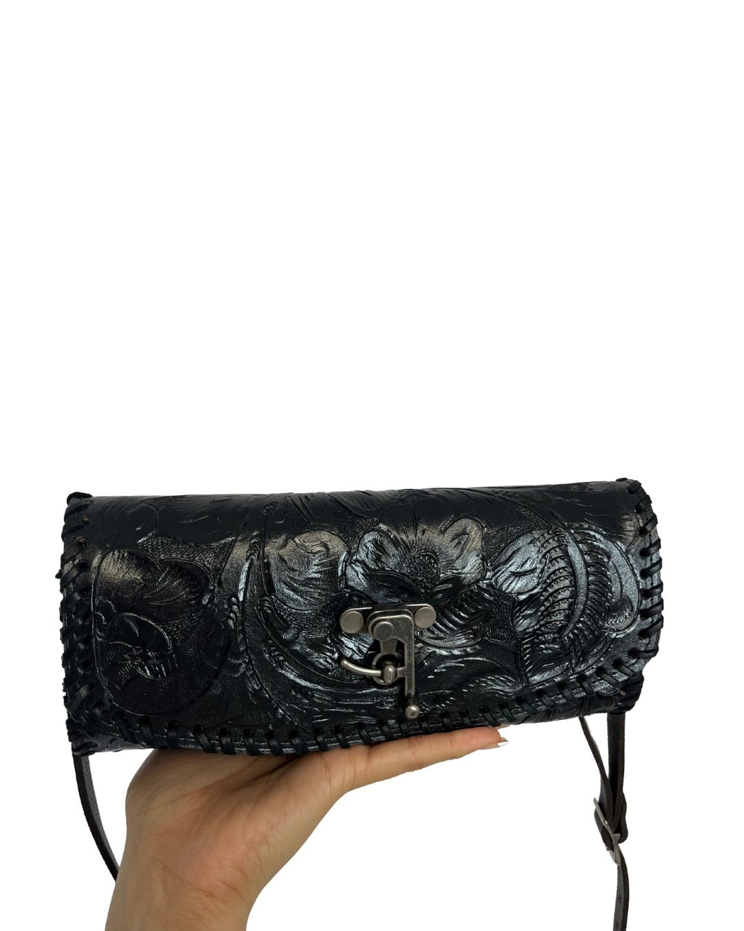 JUAN ANTONIO Black Hand-Tooled Leather Crossbody Bag