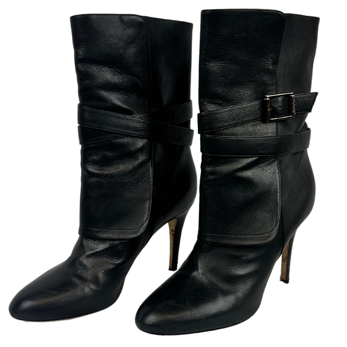 JIMMY CHOO Leather Buckle Stiletto Boots