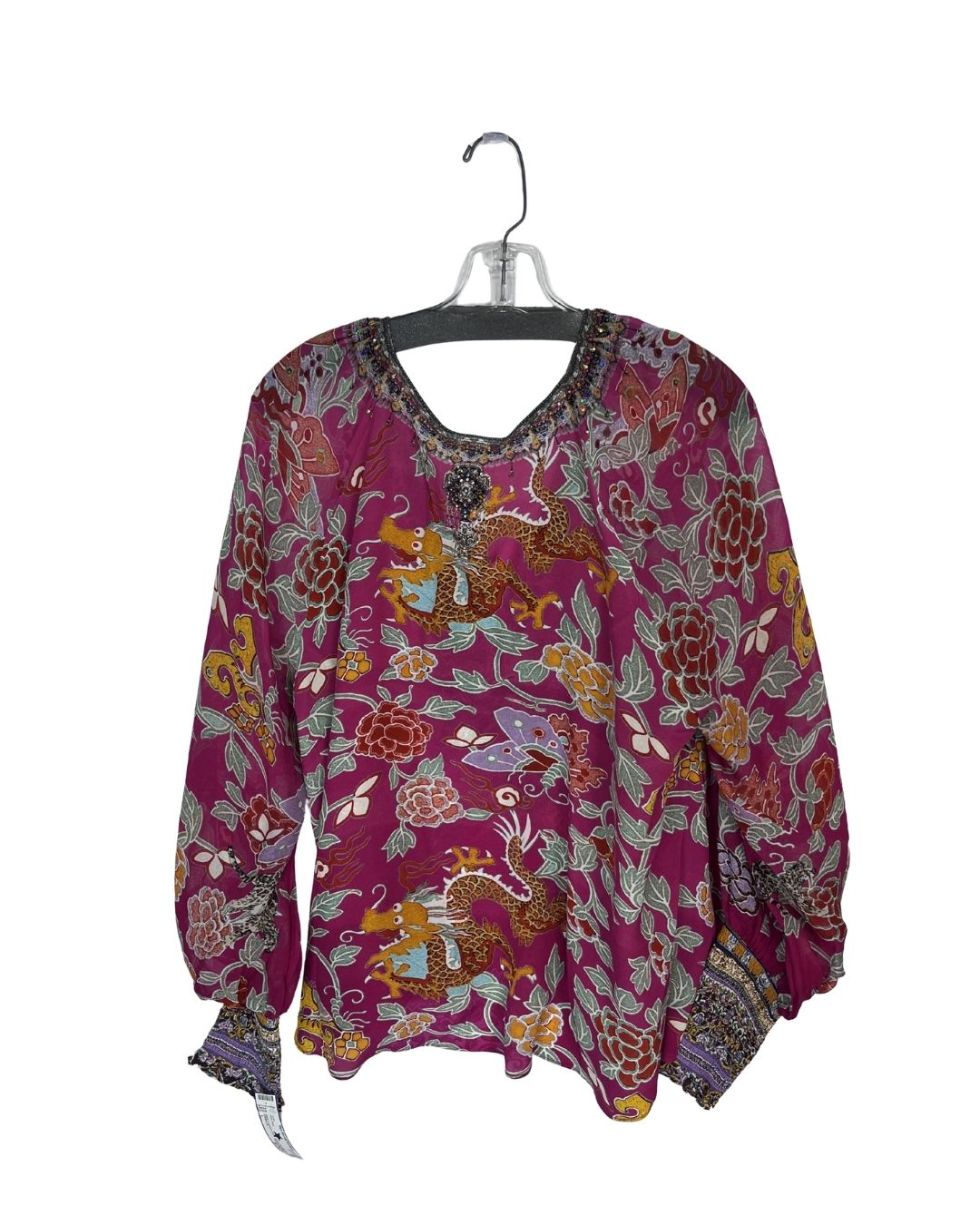 CAMILLA V-Neck Pink Floral Sheer Blouse (Size L)