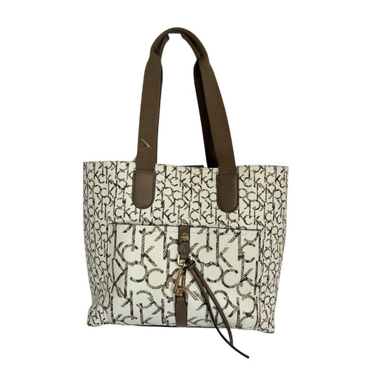 Calvin Klein Large Taupe Logo Tote – Front Pocket & Cream Detailing
