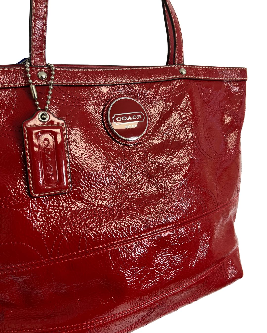 COACH Signature Stitched Red Patent Leather Tote Bag