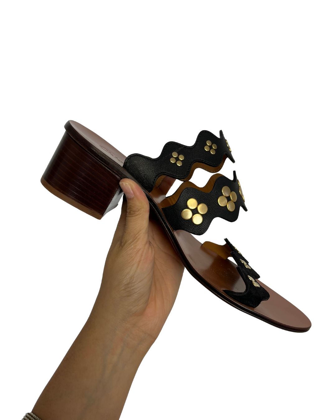 CHLOÉ Lauren Studded Black & Gold Flat Sandal Heels (Size 9)