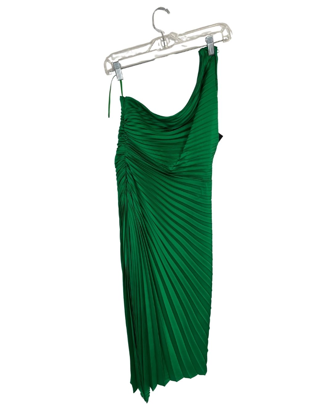 BADGLEY MISCHKA Belle Green Satin One-Shoulder Dress (Size 2)