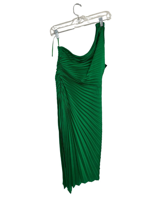 BADGLEY MISCHKA Belle Green Satin One-Shoulder Dress (Size 2)