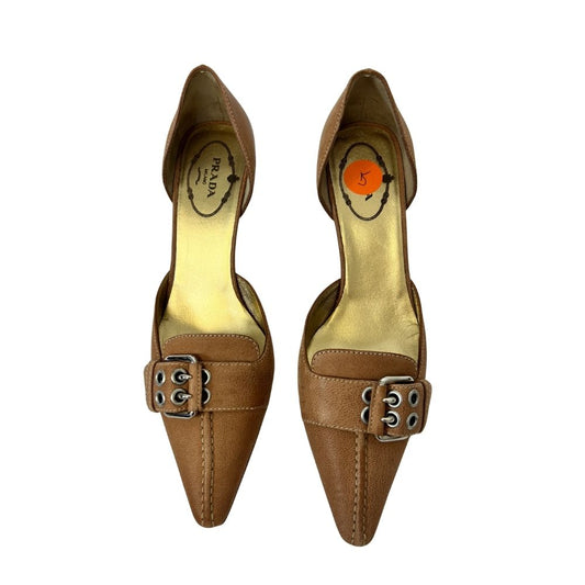 Prada Tan Leather Kitten Heels – Pointed Toe, Buckle Strap & Open Sides (Size 5)