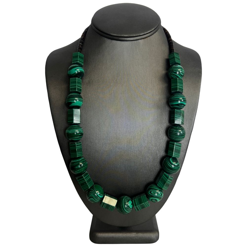 Malachite Statement Necklace – Green Circle & Faceted Block Design
