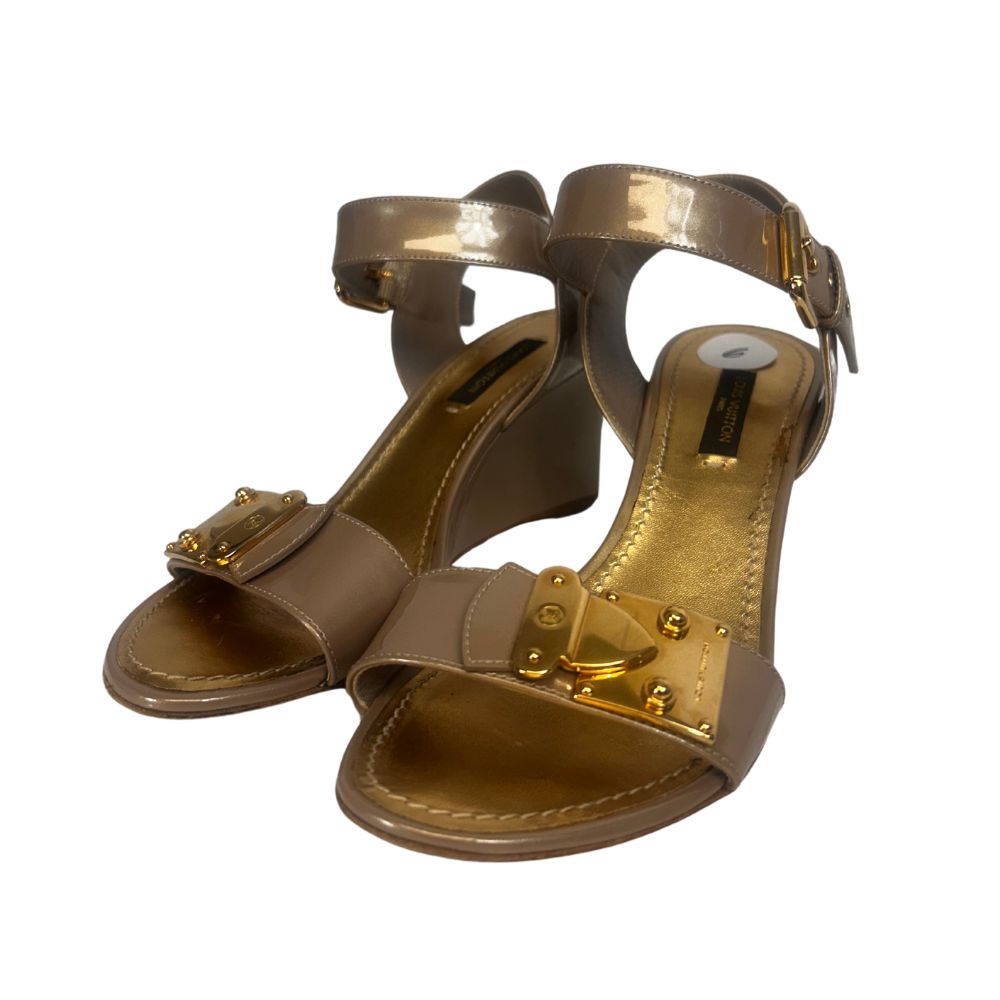 Louis Vuitton Gold Patent Wedge Heels (Size 6)