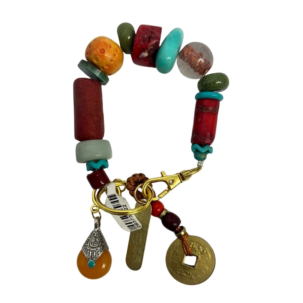 Handcrafted Red & Teal Beaded Charm Bracelet – Gold-Tone Asian Tokens & Accent Charms (No Label)