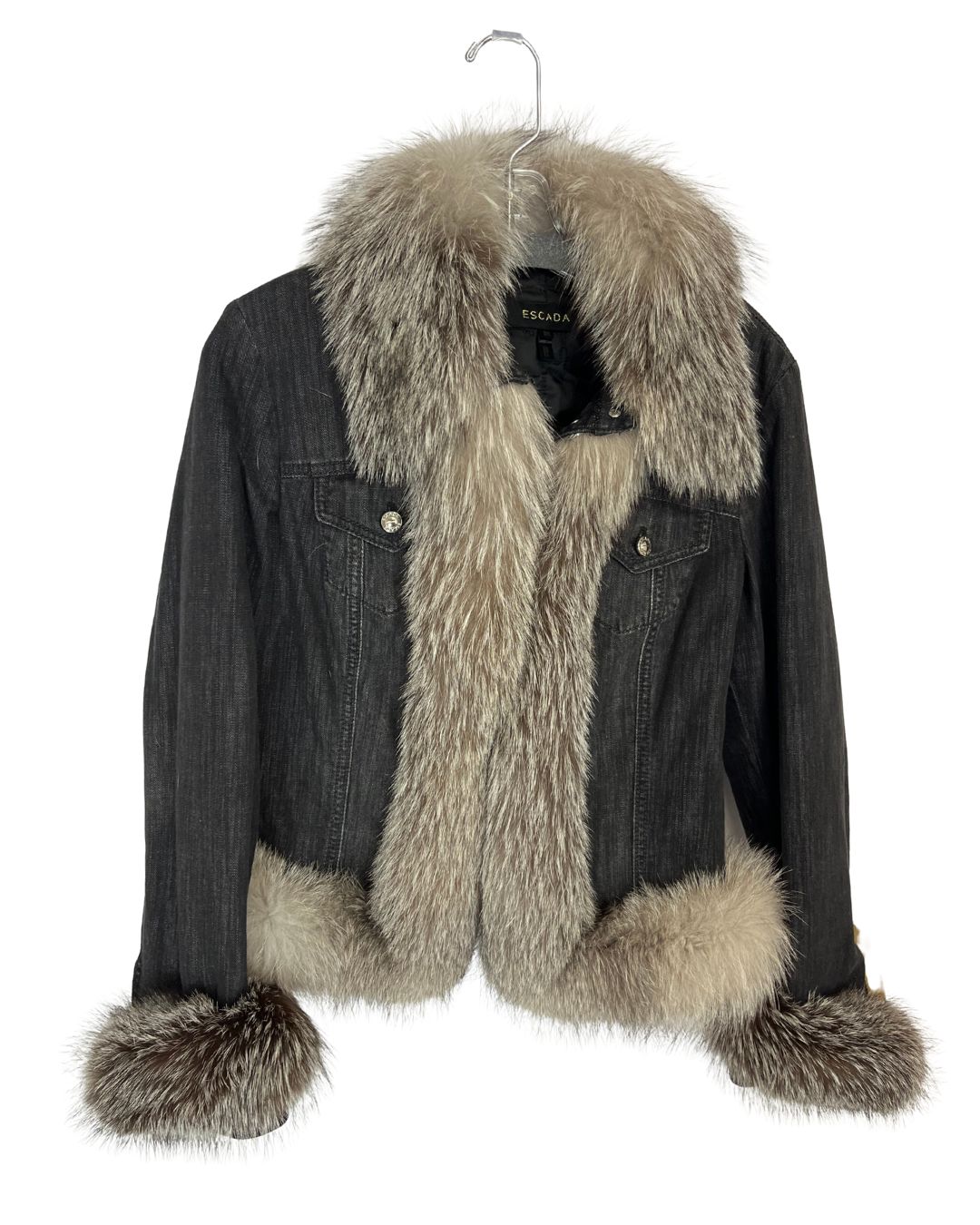 ESCADA Black Denim Silver Fox Fur Jacket (Size S/M)