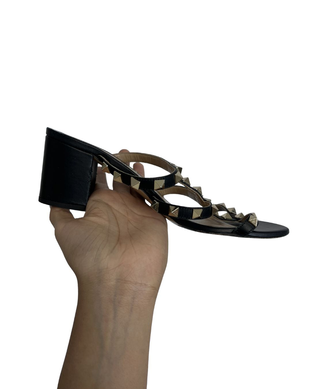 VALENTINO Black Leather Rockstud Sandall Wedges (Size 36)