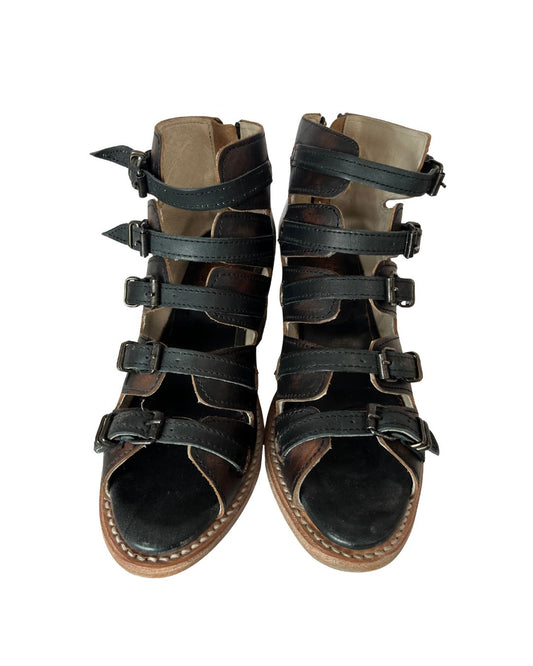 FREEBIRD by Steven Quail Distressed Black & Brown Leather Heel Sandals (Size 5)