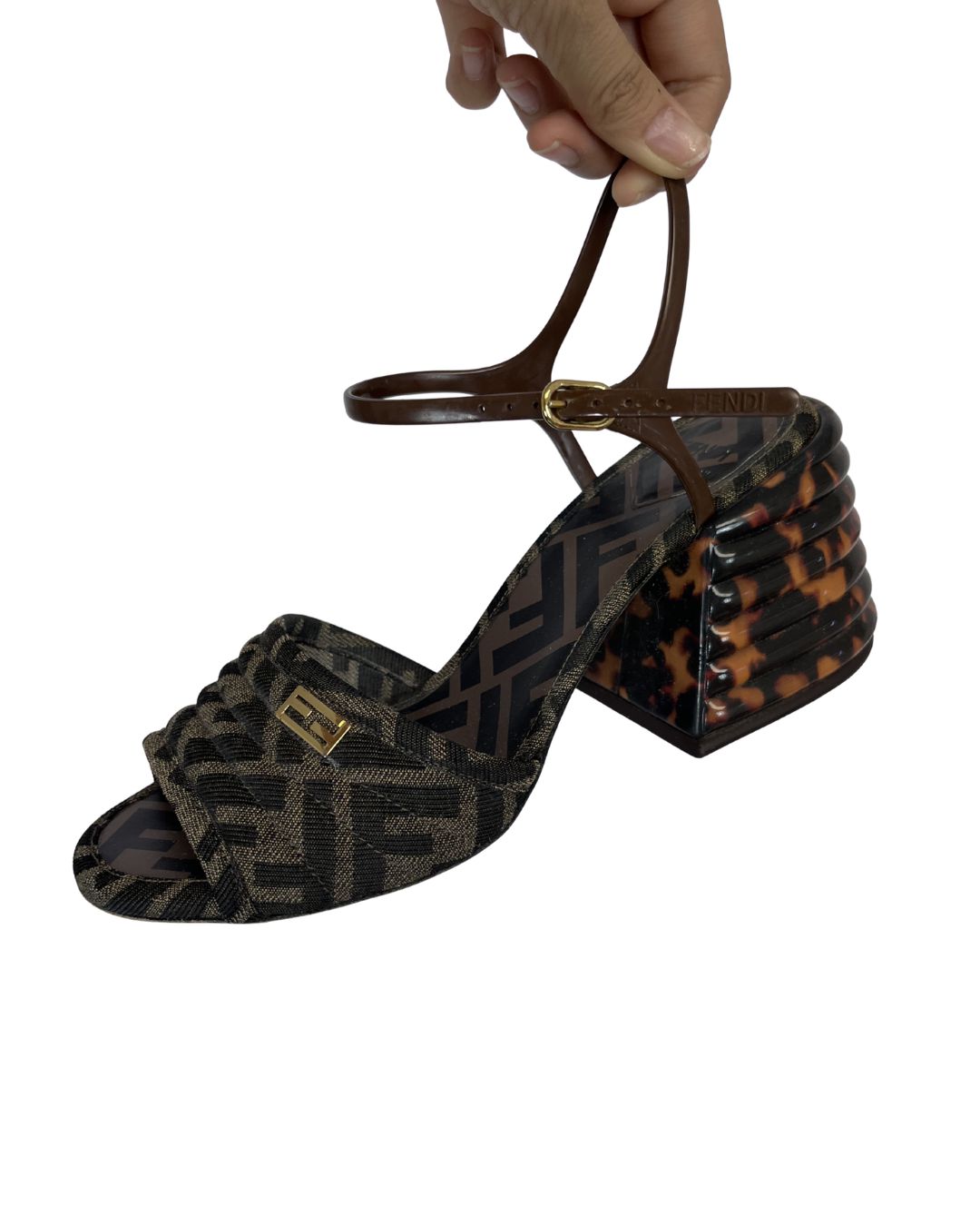 FENDI Delfina Brown Pattern Block Heels (Size 37)