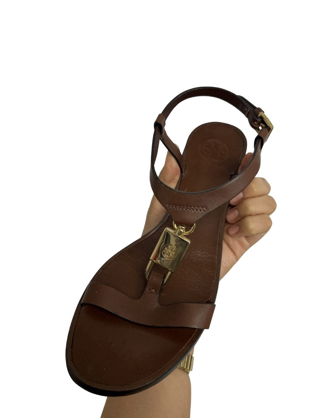 TORY BURCH Almond Leather Padlock Block Brown Heel Sandals (Size 6)