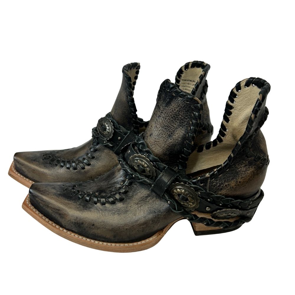 Freebird Charcoal Leather Cowgirl Boots – Beaded Strap & Open Sides (Size 8)