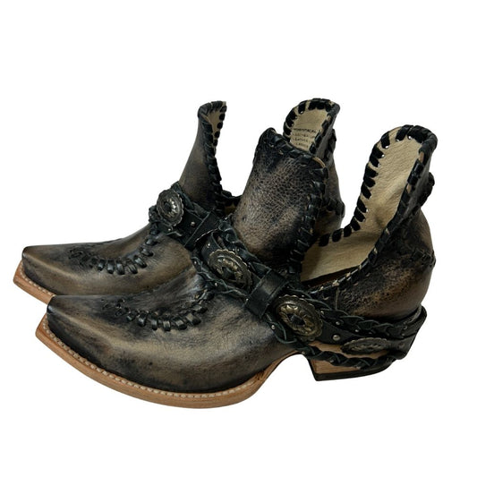 Freebird Charcoal Leather Cowgirl Boots – Beaded Strap & Open Sides (Size 8)