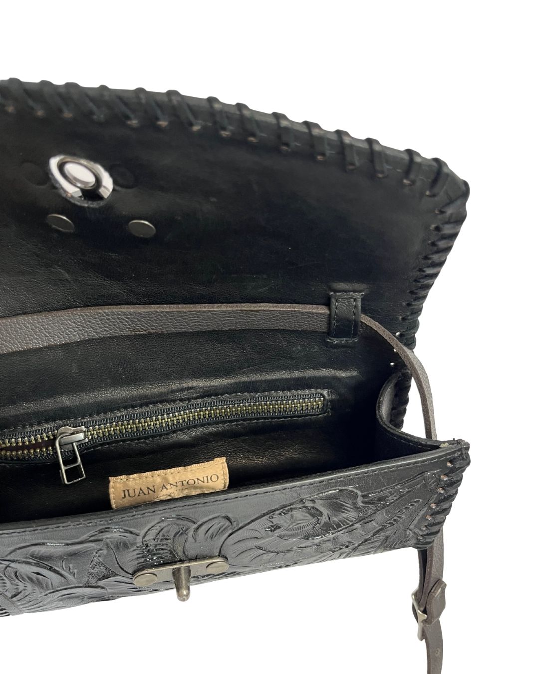 JUAN ANTONIO Black Hand-Tooled Leather Crossbody Bag