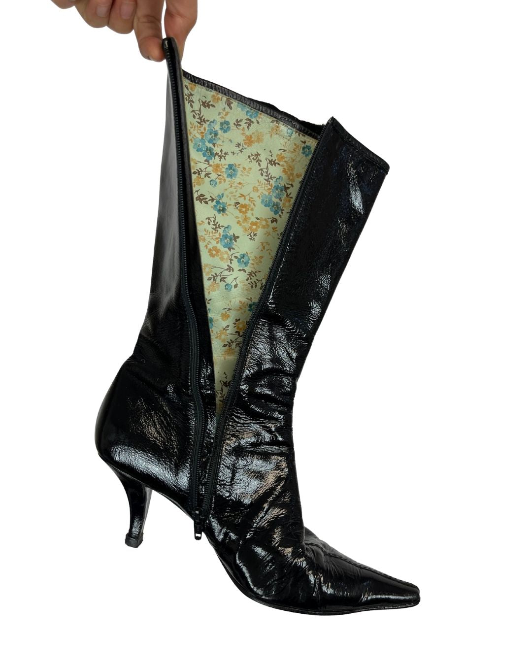 MIU MIU Vintage Black Leather Pointed Toe Calf Heel Boots (Size 7.5)