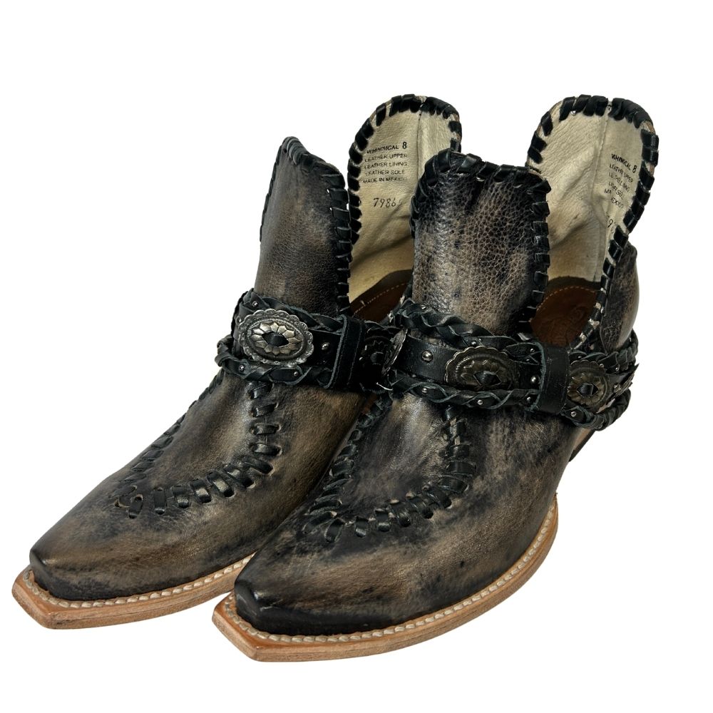 Freebird Charcoal Leather Cowgirl Boots – Beaded Strap & Open Sides (Size 8)