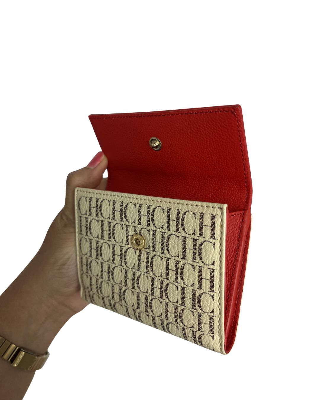 CAROLINA HERRERA CH Red & Ivory Monogram Flap Compact Wallet
