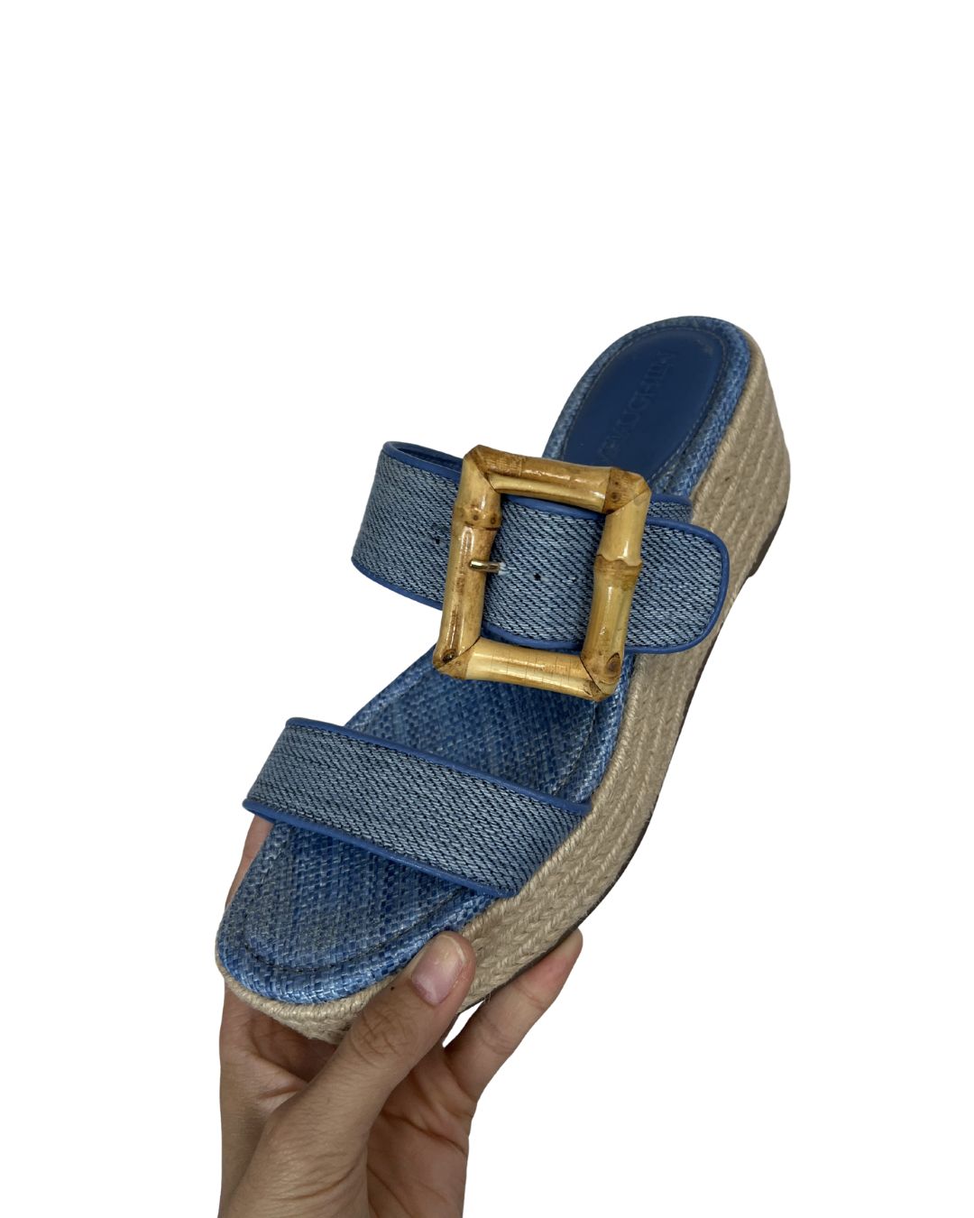 J. McLAUGHLIN Fleur Blue Denim Wedge Sandals (Size 6.5)