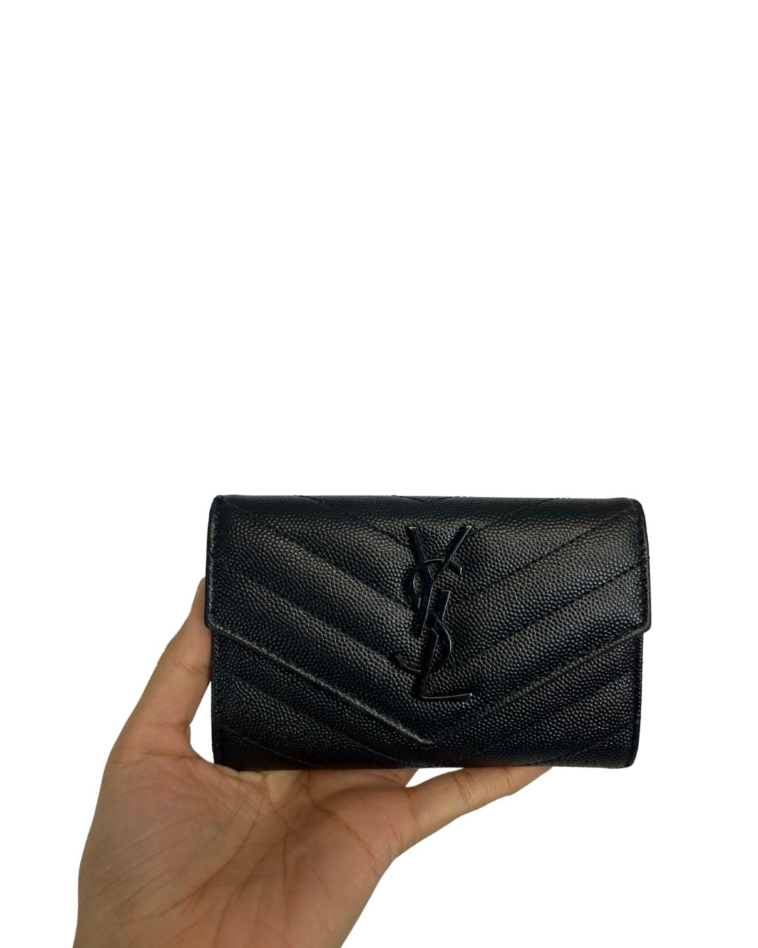 YSL Saint Laurent Grain De Poudre Matelasse Chevron Small Black Wallet