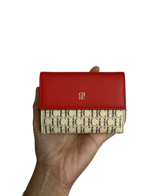 CAROLINA HERRERA CH Red & Ivory Monogram Flap Compact Wallet