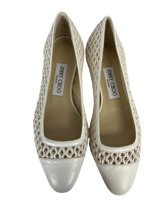 JIMMY CHOO Watson White Woven Leather Flats (Size 6.5)