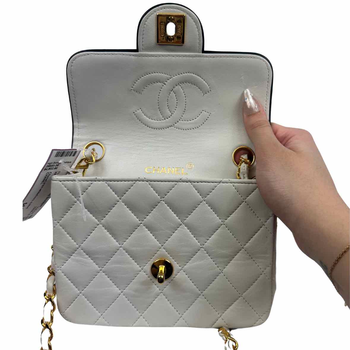 CHANEL White Lambskin Quilted Square Mini Flap Bag