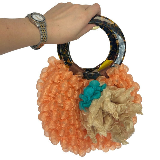 Handmade Bubble Ribbon Bag – Tan & Teal Floral with Round Brown Handles