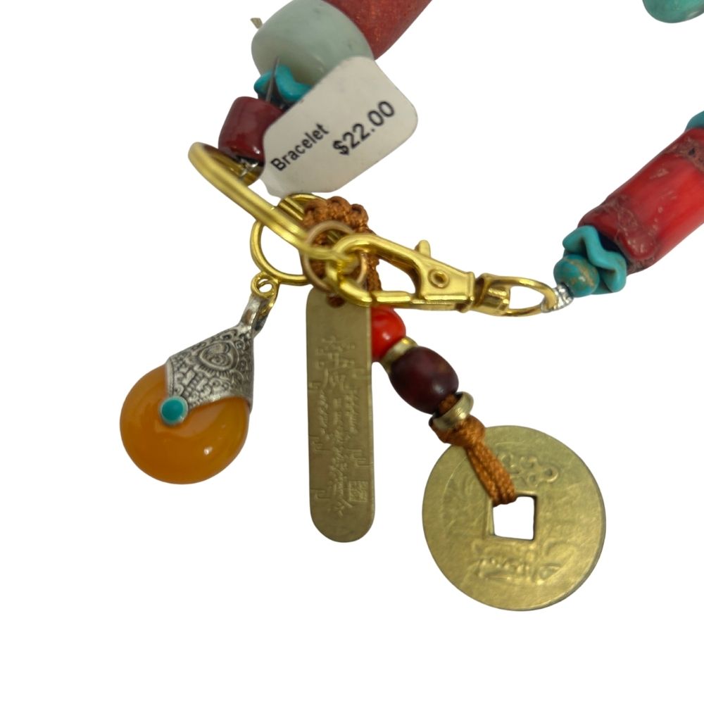 Handcrafted Red & Teal Beaded Charm Bracelet – Gold-Tone Asian Tokens & Accent Charms (No Label)