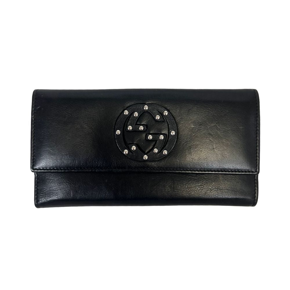 Gucci Black Continental Wallet – Interlocking G with Silvertone Studs (With Box)