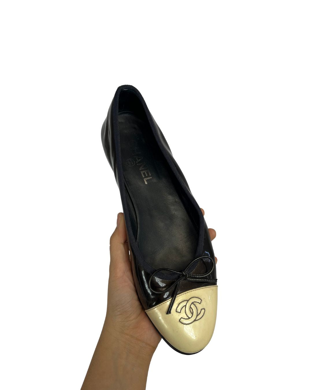CHANEL Patent Leather White & Navy Ballet Flats (Size 9.5)